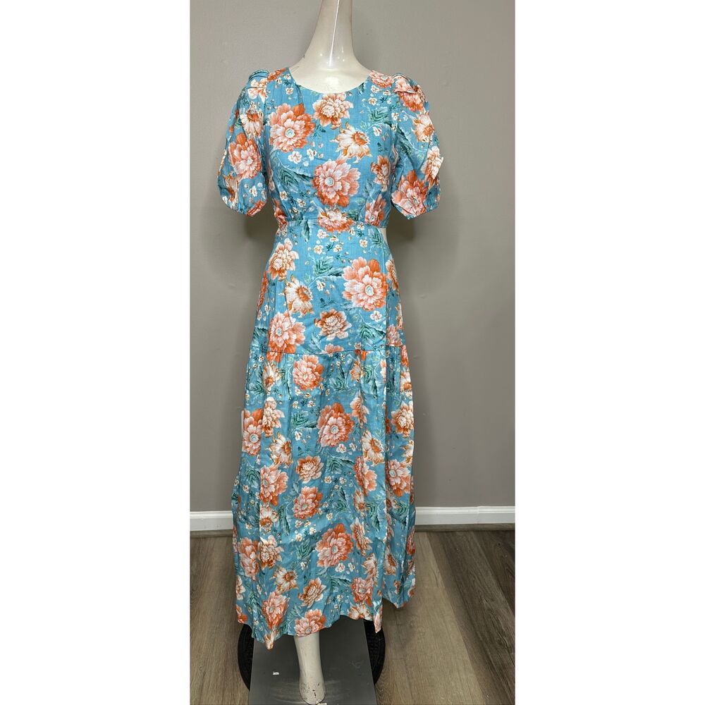 Kivari Josette Lace-Up Back Midi-Dress in Blue Floral Size US 4 $349 - Picture 6 of 14
